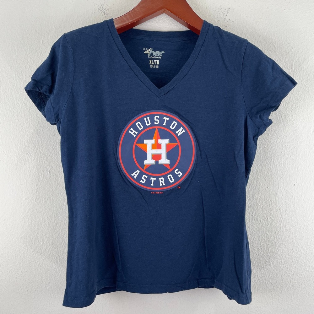 Houston Astros MLB Navy Blue V-Neck Cotton Graphic T-Shirt Womens XL Game Day